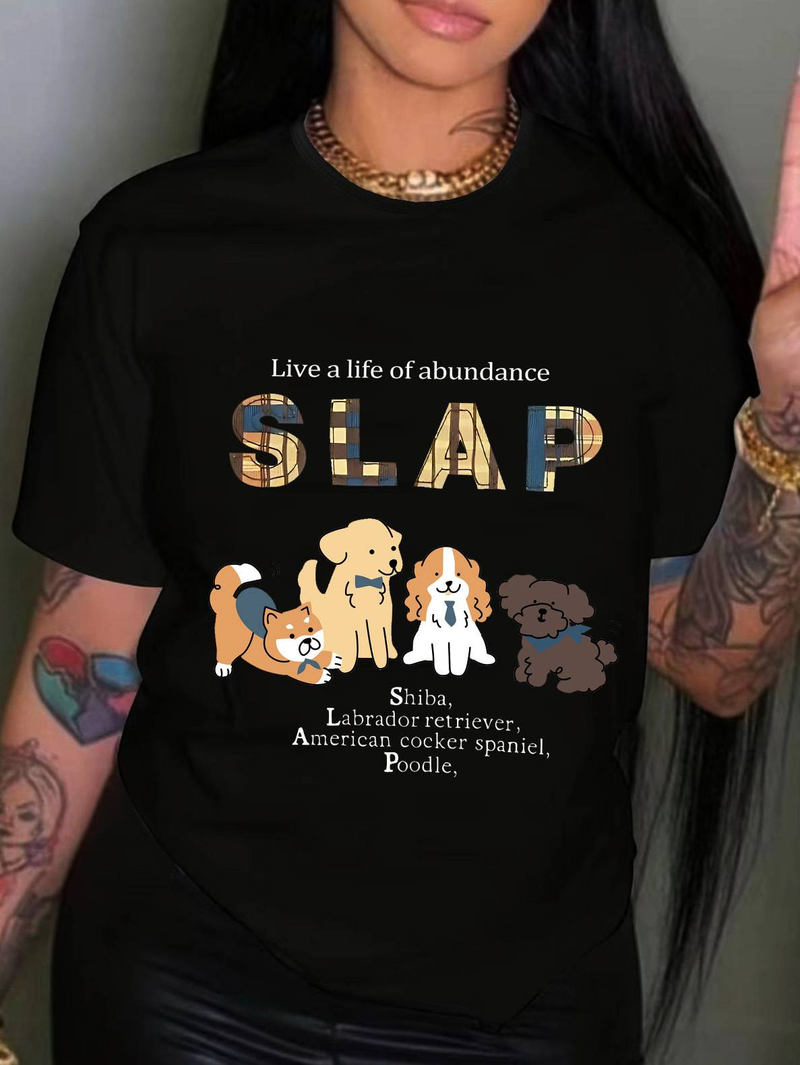 Nuova maglietta corta casual da donna, taglie forti, girocollo, con stampa grafica di un simpatico cane, comoda e traspirante, alla moda._voghion.com