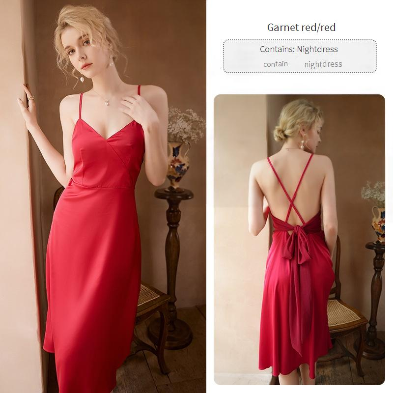 Sexy Nachtwäsche Bequemer, einfacher Pyjama aus Eisseide, Sling-Nachthemd mit Schnürung, äußere Robe, weiblicher Heimkleidungsanzug_voghion.com