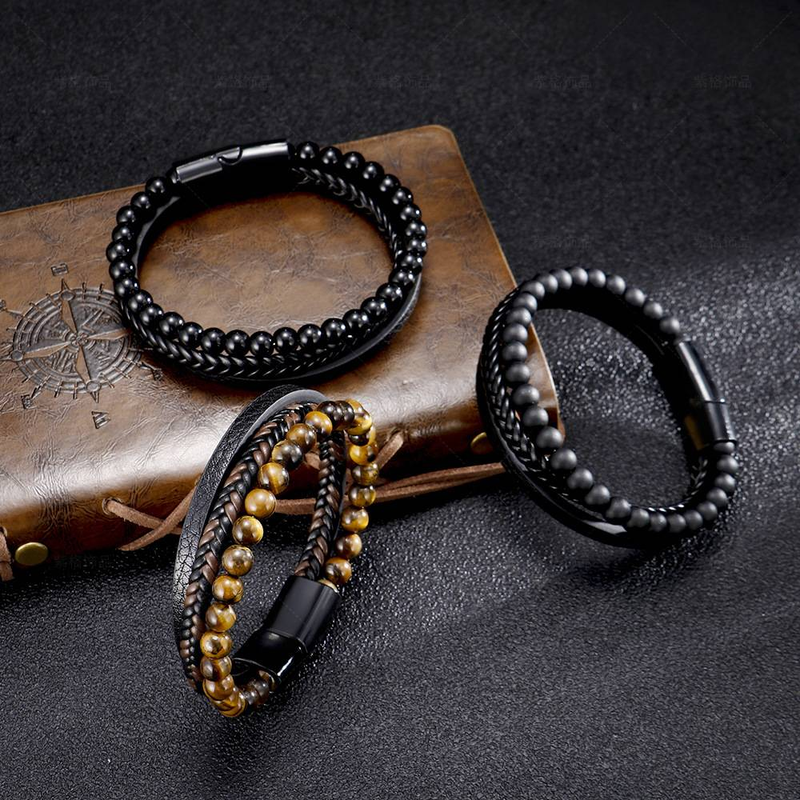 Herrenschmuck Edelstahl Armband mit natürlichem Tigerauge-Stein Perlen handgewebtes Achatarmband_voghion.com