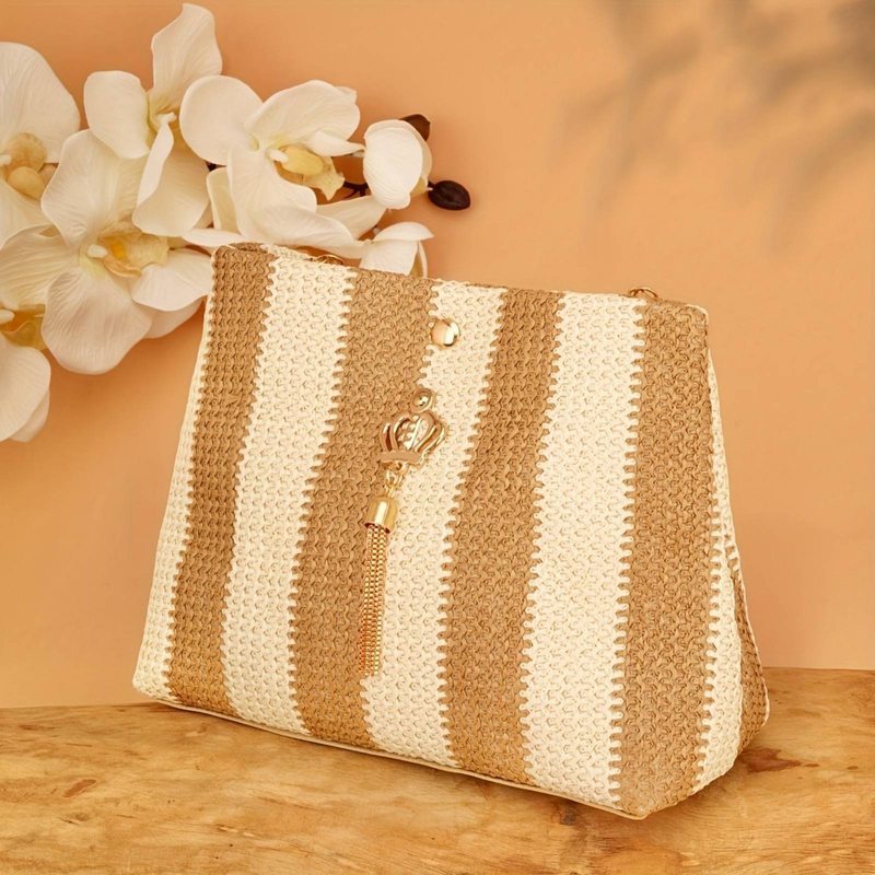 Elegant Women's Simple And Versatile Fabric Striped Textured Shoulder Bag, High-end Crown Pendant Accessories, Local Tyrant Gold Chain_voghion.com