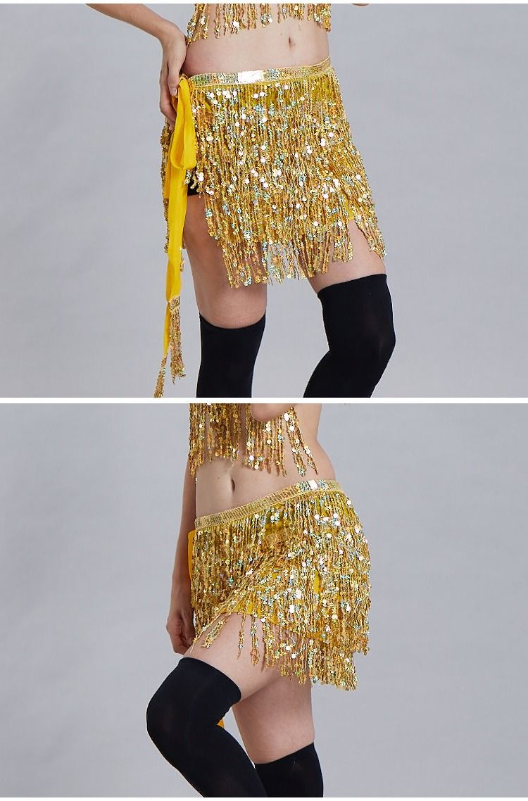 Chaîne de taille pour danse du ventre d'Halloween, serviette de hanche indienne, serviette de hanche à franges à paillettes bohème, costume de scène DS Performance_voghion.com