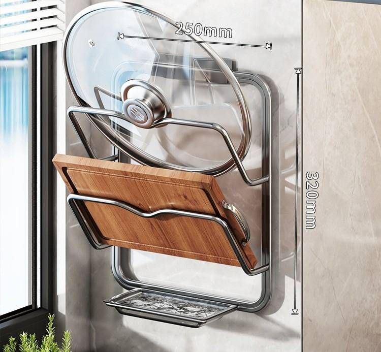 Wall Mounted Pot Lid Holder With Drip Tray - 3-Tier Space-Saving Kitchen Organizer For Cutting Boards, Cookware Lids & Utensils_voghion.com
