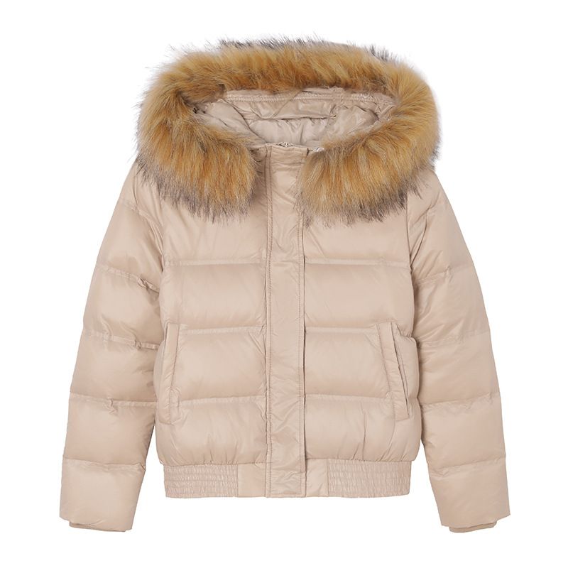 Manteau court matelassé à capuche pour femme avec bordure en fausse fourrure - Veste d'hiver légère, chaude et élégante, coupe standard, fermeture éclair, extérieur en polyester_voghion.com