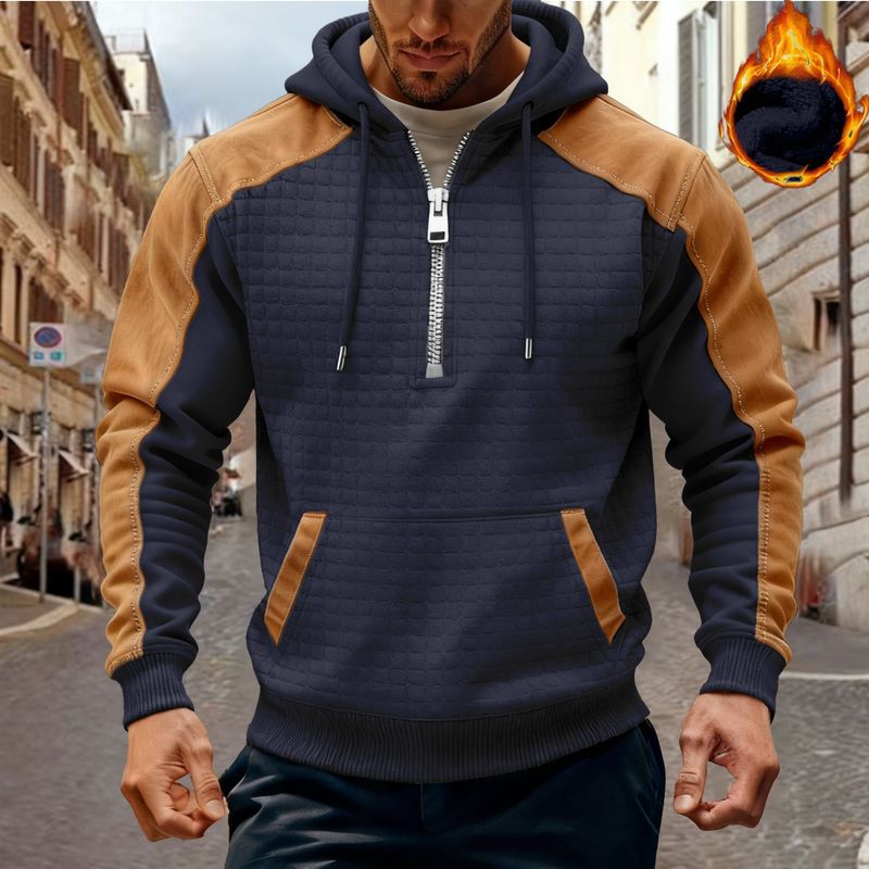 Felpa con cappuccio in pile color-block da uomo – Pullover in poliestere con fodera termica e tasche con cerniera – Vestibilità slim, casual invernale per avventure urbane (S-XXXL)_voghion.com