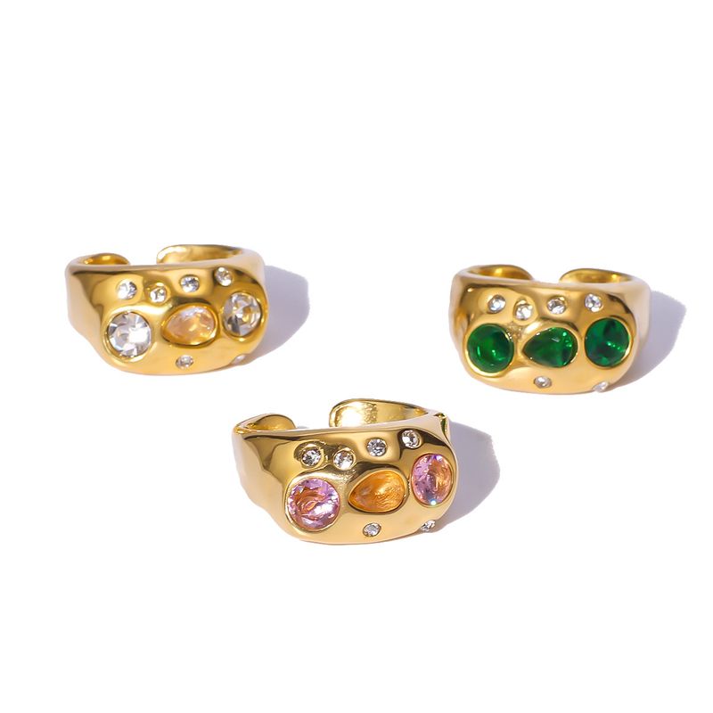 Elegante anello aperto regolabile in acciaio inossidabile con diamanti colorati placcato oro, semplice gioiello_voghion.com
