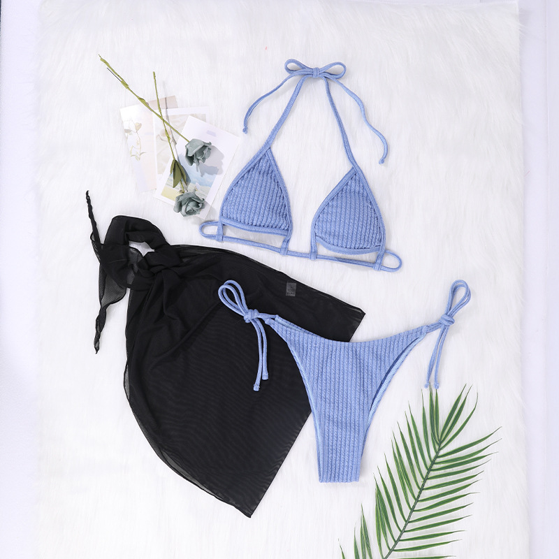Bikini femme tricoté creux sexy à lacets maillot de bain fendu ensemble trois pièces avec bikini voile_voghion.com