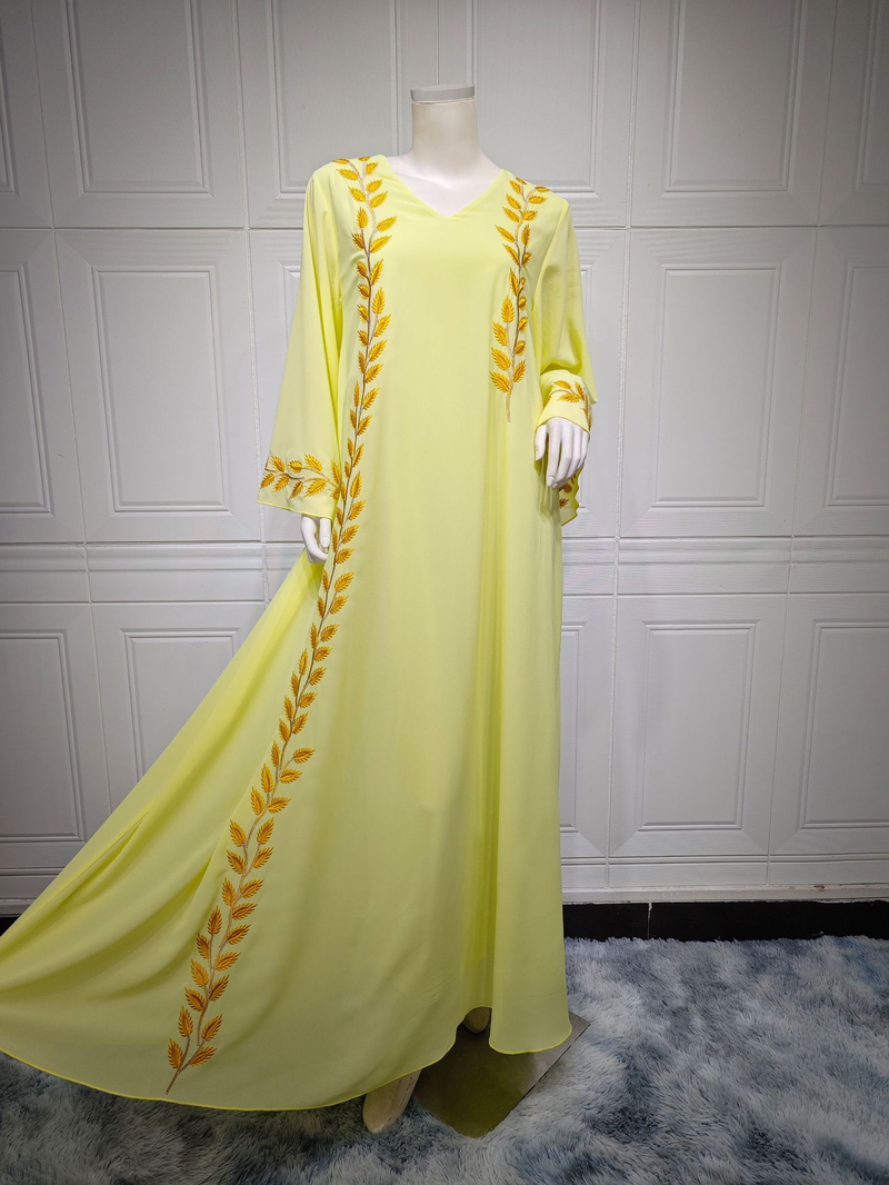 Damenmode Street Chiffon langes muslimisches besticktes rosafarbenes Rundhalskleid mit Hijab_voghion.com