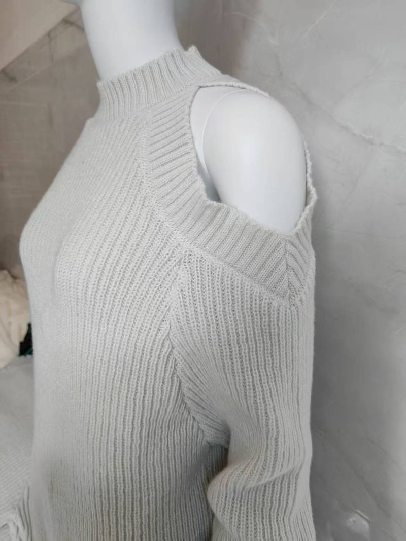 Off-the-shoulder Knitted Sweater Women's Commute Pure Desire Wind Thick Needle Hole Medium And Long Women's Sweater Top Tide_voghion.com