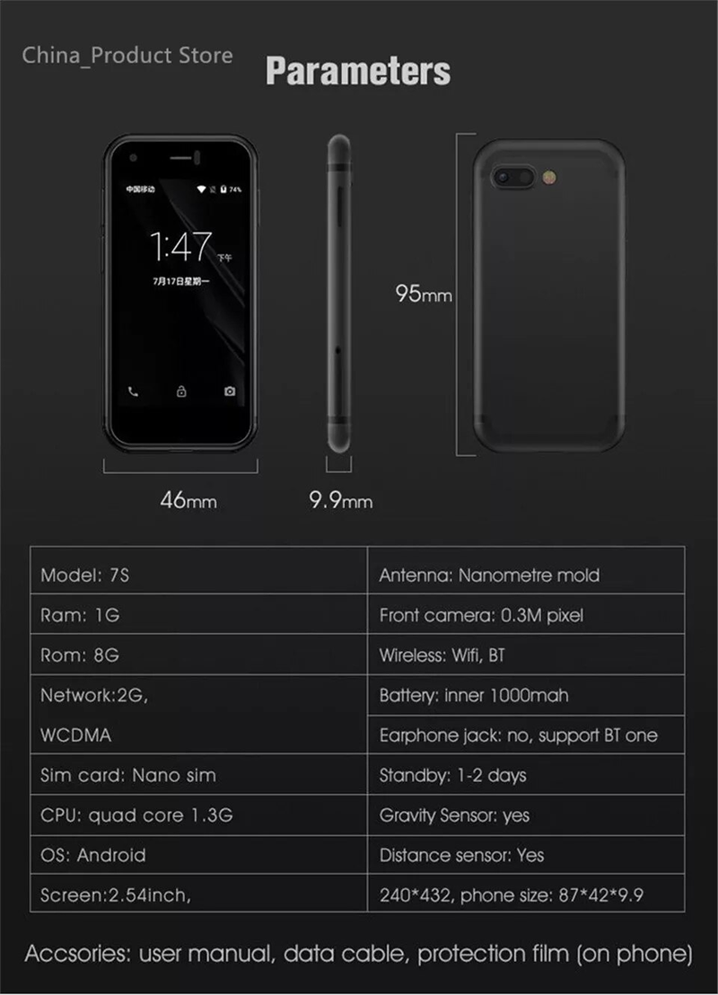 SOYES 7S Mini Android Smarttelefon 1 GB RAM 8 GB ROM 2,54 tommers HD-skjerm Firekjerners 5,0 MP Kamera Dobbelt SIM Ultratynn Mobiltelefon_voghion.com
