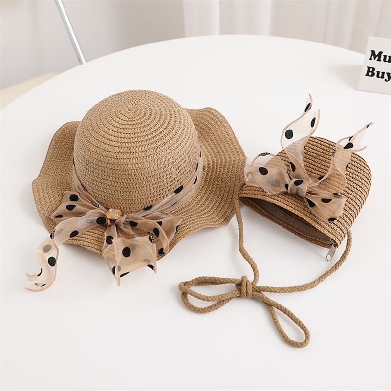 Nuovo set di cappelli e borse parasole con fiocco coreano a pois e onde di paglia per bambini, dolce e carino_voghion.com