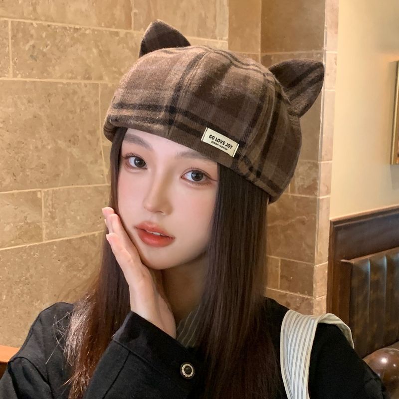 Cappello da donna con basco, simpatico gatto, trasparente, con linee artistiche che rivelano il viso e le orecchie, 2025, nuovo autunno_voghion.com