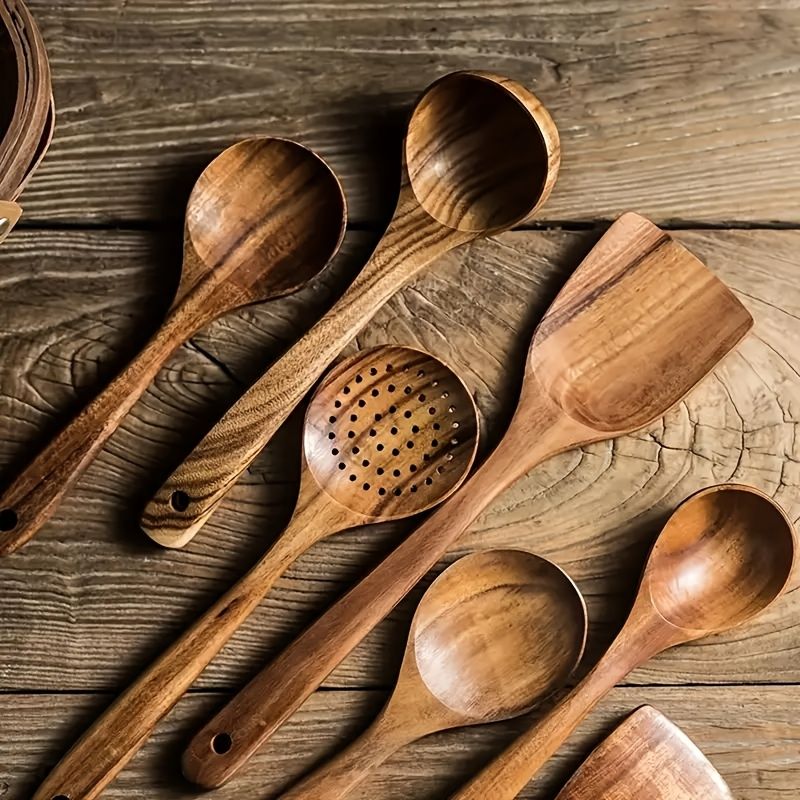 Premium 5pcs Wooden Kitchen Utensils Set Ergonomic Handle Natural Wood Spoon Spatula Non-Stick Pan Scraper Heat-Resistant Durable Cooking Essentials_voghion.com