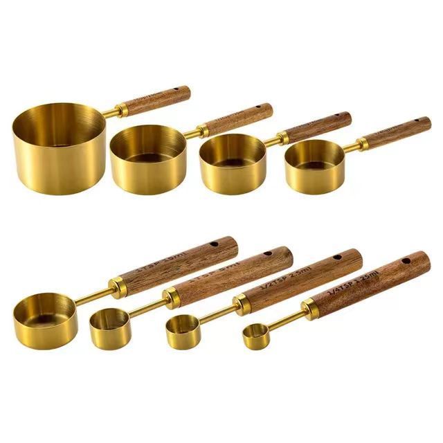 Gold-Plated Stainless Steel Measuring Cups And Spoons With Rosewood Handles, Eight-Piece Set Of Kitchen Baking Tools_voghion.com
