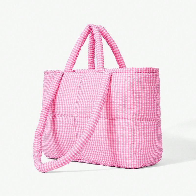 2025 Large-capacity Checkered Canvas Tote Bag, Summer Popular , Laid-back Style Shoulder Shopping Bag, New Fashionable And Versatile_voghion.com