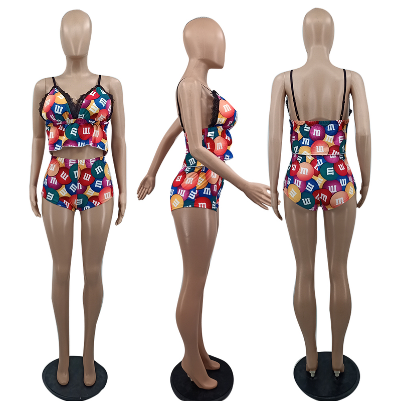 Damenmode Sexy Casual Home Spitze Hosenträger bedruckter Anzug (mit Brustpolster)_voghion.com