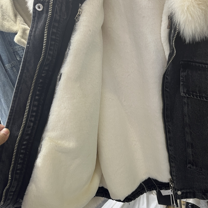 Damenbekleidung: Neue Winterjacke aus Pelz und verdicktem Samt mit abnehmbarem Futter aus Jeansstoff für Damen_voghion.com