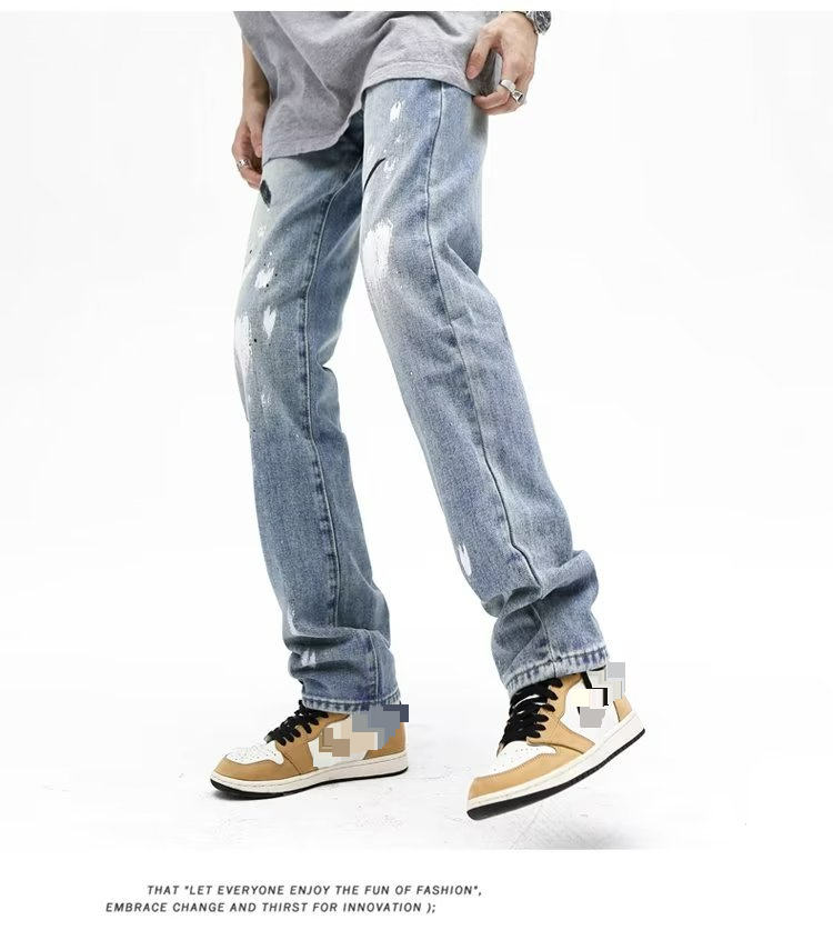 High Street Trendy Brand Splashed Ink Micro Flared Jeans Men's American Retro Vibe Style Loose Straight Casual Mopping Trousers_voghion.com