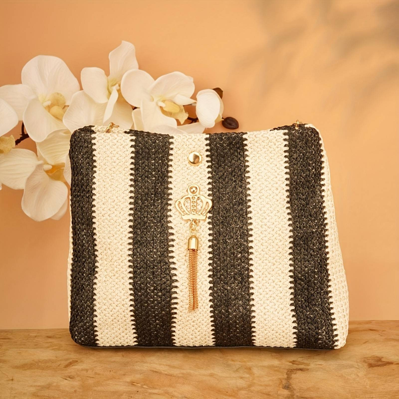 Elegant Women's Simple And Versatile Fabric Striped Textured Shoulder Bag, High-end Crown Pendant Accessories, Local Tyrant Gold Chain_voghion.com