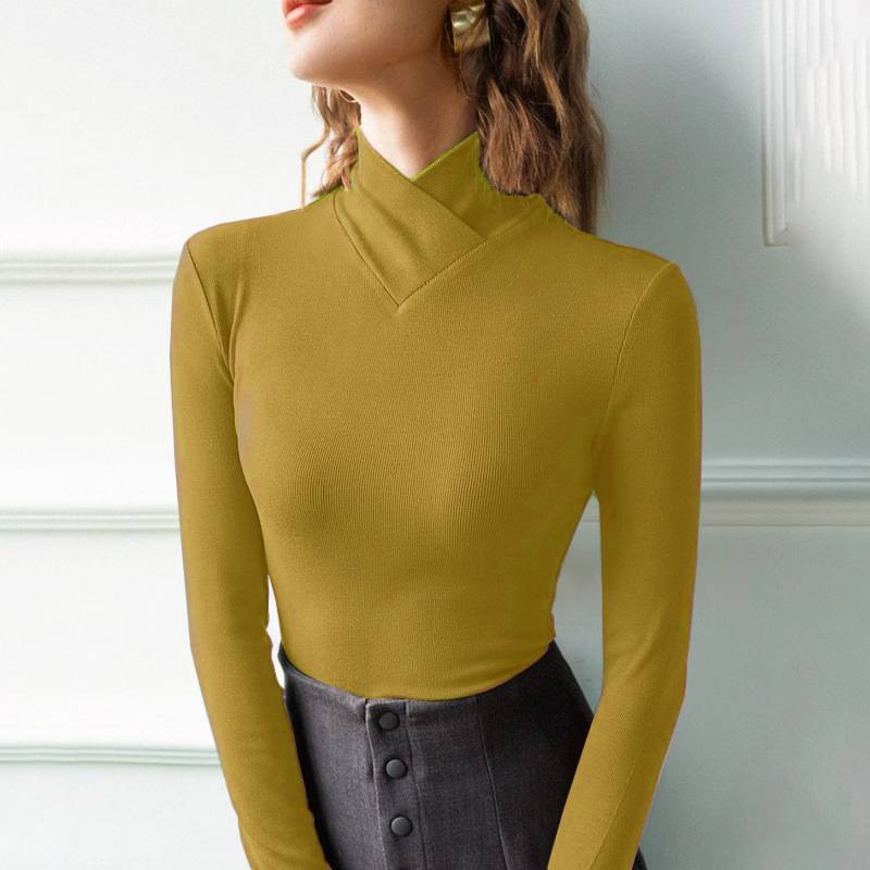 Elegante maglietta termica a collo alto incrociato sul davanti, camicetta a maniche lunghe slim fit da donna, tessuto morbido Dralon e versatile capo essenziale per la stratificazione._voghion.com