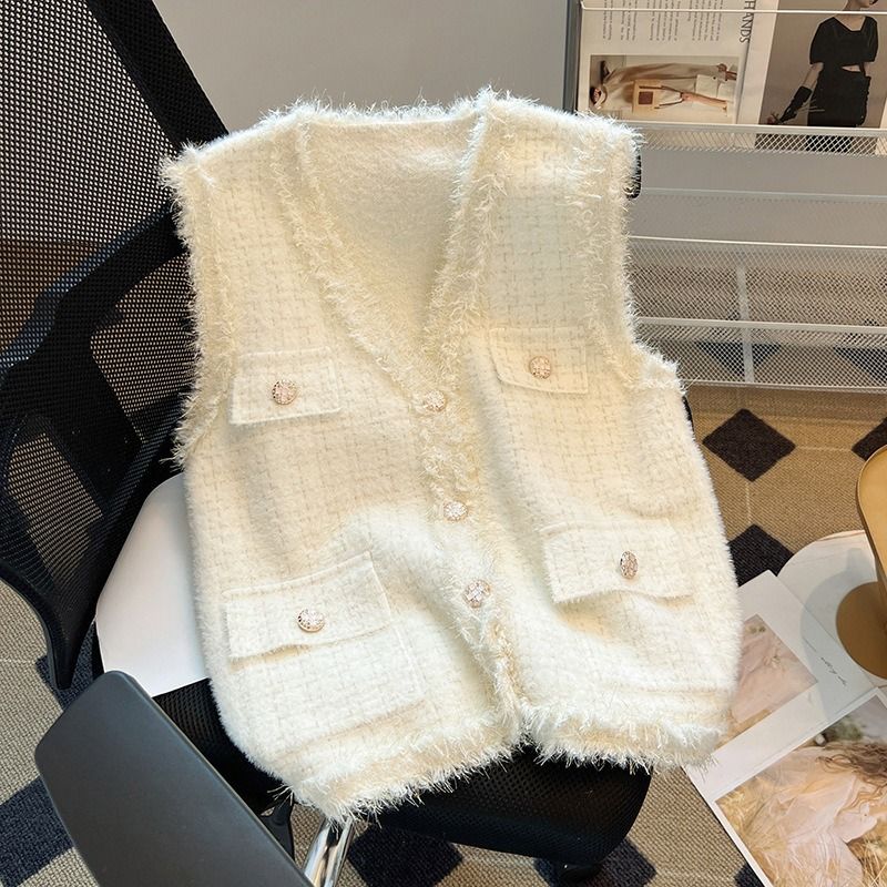 Weste – Damen-Cardigan mit V-Ausschnitt und Fransen (Einheitsgröße, Weiß/Schwarz, Polyestermischung, drapierte Silhouette, minimalistischer Chic, unverzichtbar für den Lagenlook)_voghion.com