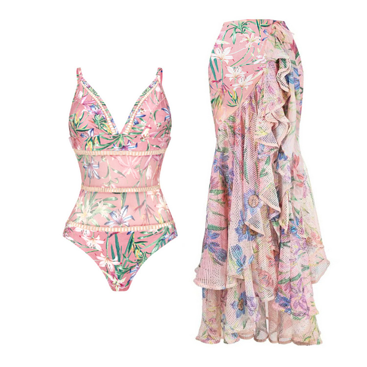 Women's One-piece Swimsuit Mini Ruffled Mesh Splicing Printed Swimsuit Suit for Women_voghion.com