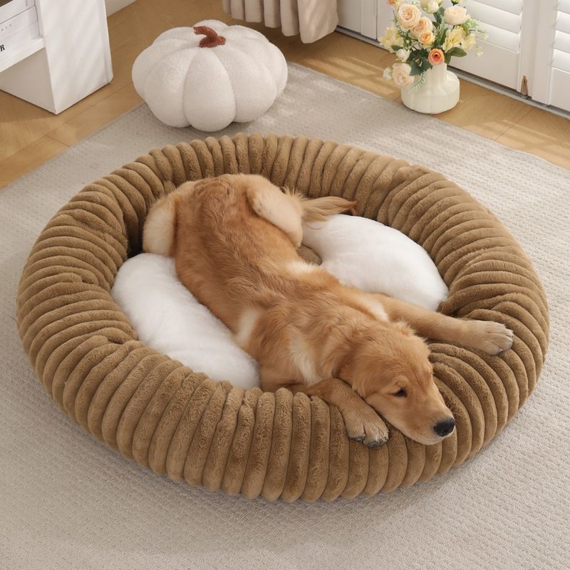 All-Season Round Dog Soft Comfortable Cat Bed Striped Plush Mat Donut Pet Nest_voghion.com
