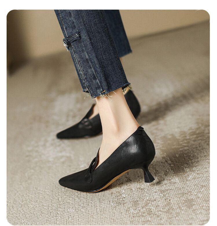 Punta quadrata, tacco sottile, bocca bassa, morbida pelle di pecora, da donna, stile unico 2025, nuovo, temperamento minimalista francese, di alta gamma_voghion.com