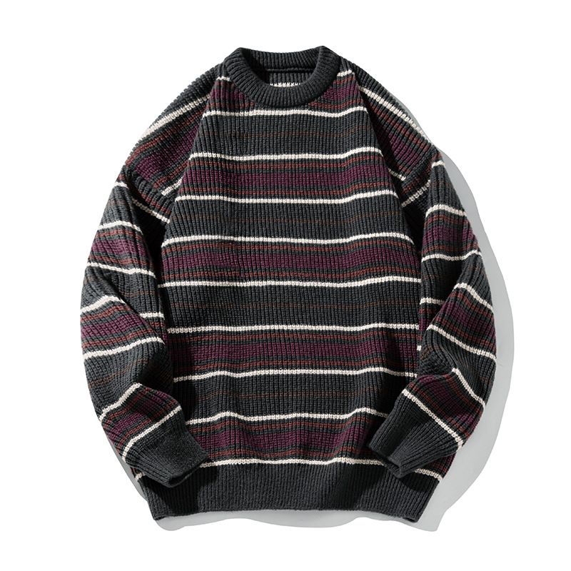 Retro Contrasting Striped Crew Neck Sweater Men's Autumn And Winter Thick Needle Loose Lazy Wind Soft Waxy Pullover Knitted Sweater Jacket_voghion.com