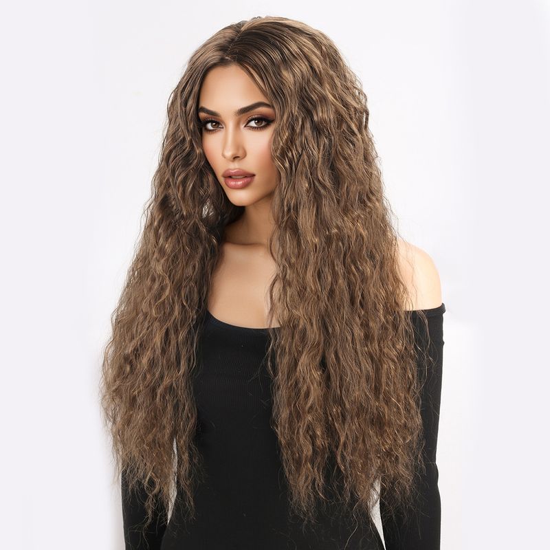 Parrucca con extension per capelli, nuova parrucca per donna, capelli neri ricci alla moda, ondulati, ricci di mais, riga centrale, frangia, copricapo completo._voghion.com