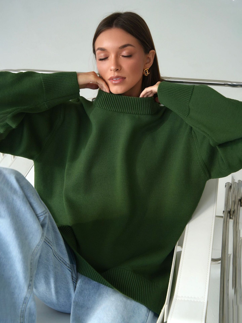 Solid color round neck sweater autumn and winter new temperament commuting versatile casual round neck knitted sweater_voghion.com