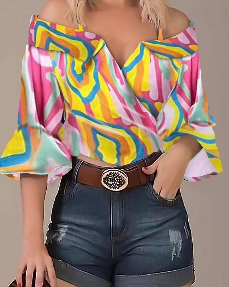 Women's Clothing Stylish printed one-line shoulder strap lapel top_voghion.com
