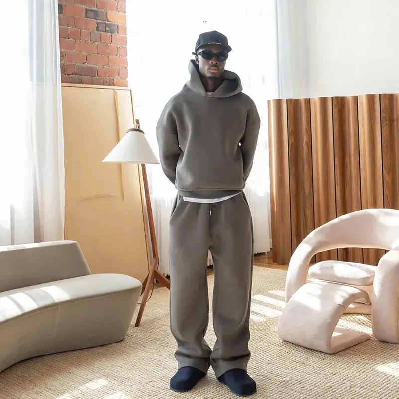 Mens Hoodie Set Solid Color Simple Sports Style Pullover Casual Loose Chic High Quality Two-piece Comfortable Warm Top_voghion.com