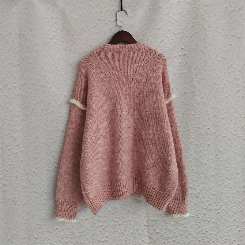 Pull en maille patchwork pour femme – Pull oversize à col rond et tissu épais et chaud (rose/gris/beige/kaki, S/M/L)_voghion.com