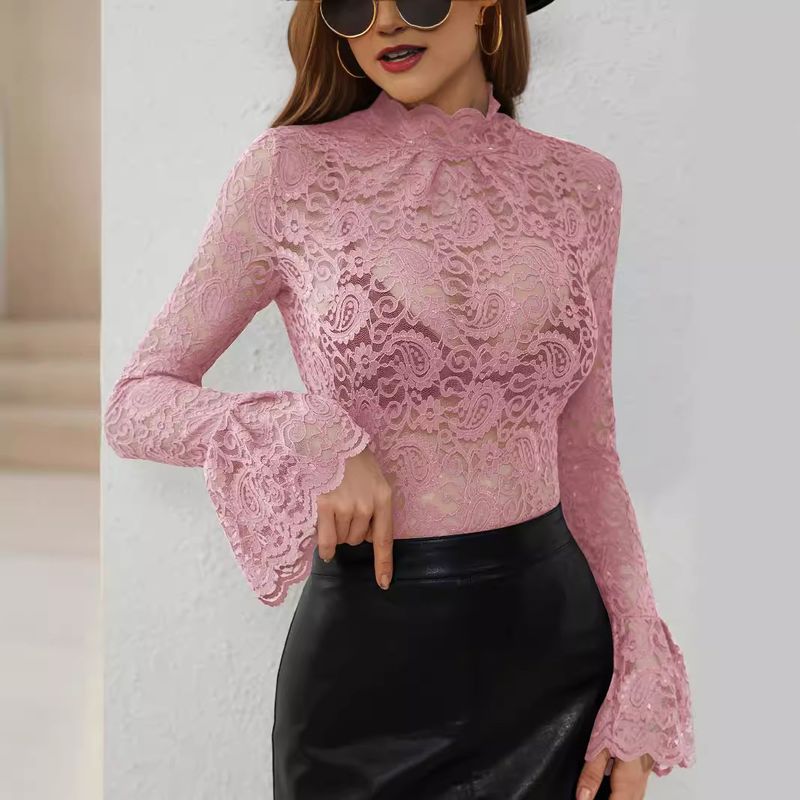 K New Sexy Walnut Flower Lace, capospalla e intimo attillato e snellente con maniche svasate per donna_voghion.com