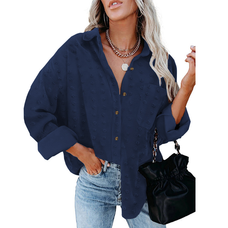 Dameklær Ensfarget chiffon-skjorte med jacquard-polokrage og lange ermer og løse knapper i cardigan-topp_voghion.com