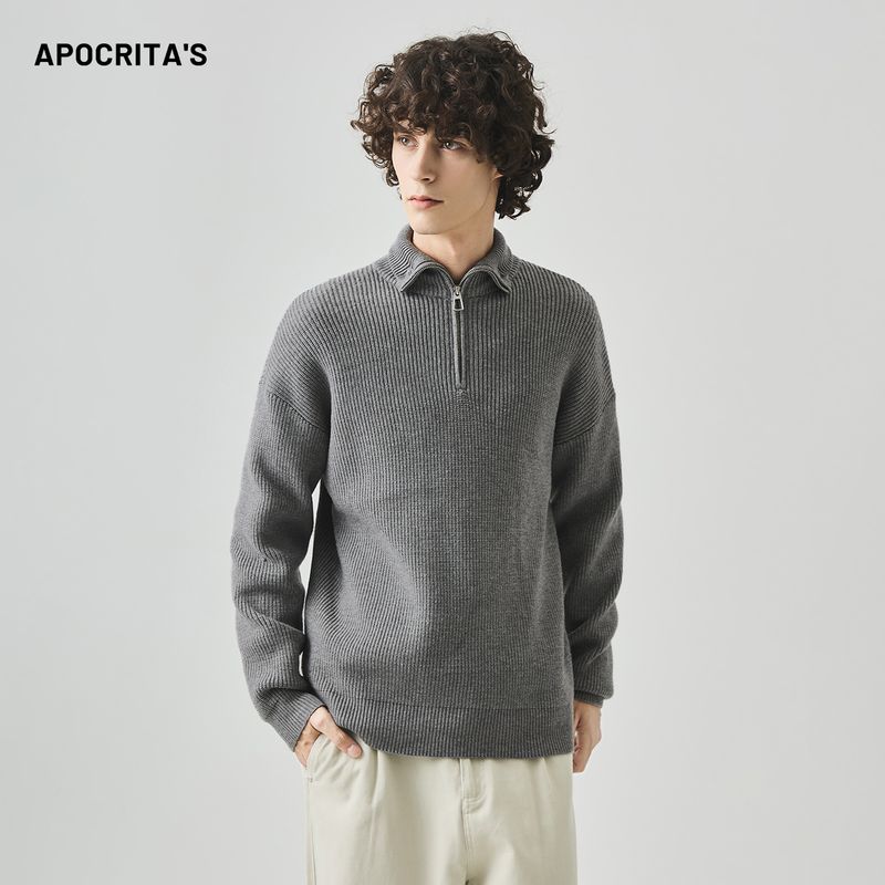 APO Kleidung | Herren Rollkragenpullover im Old Money Style Koreanische Version Lockerer Halbreißverschluss Langarm Strickoberteil Herbst_voghion.com