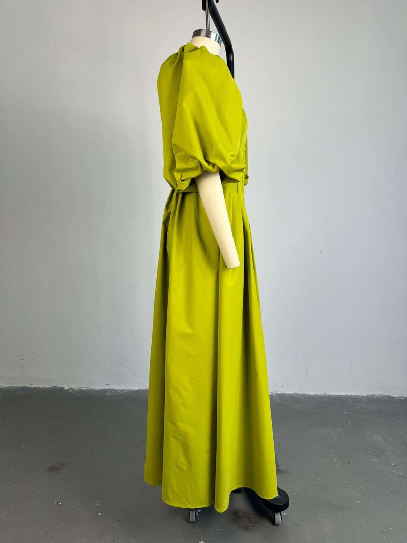 Rochie lungă de linie pentru femei, rochie de toamnă nouă, dulce și proaspătă, cu guler pătrat, talie, cravată, mânecă felinară, A-line_voghion.com