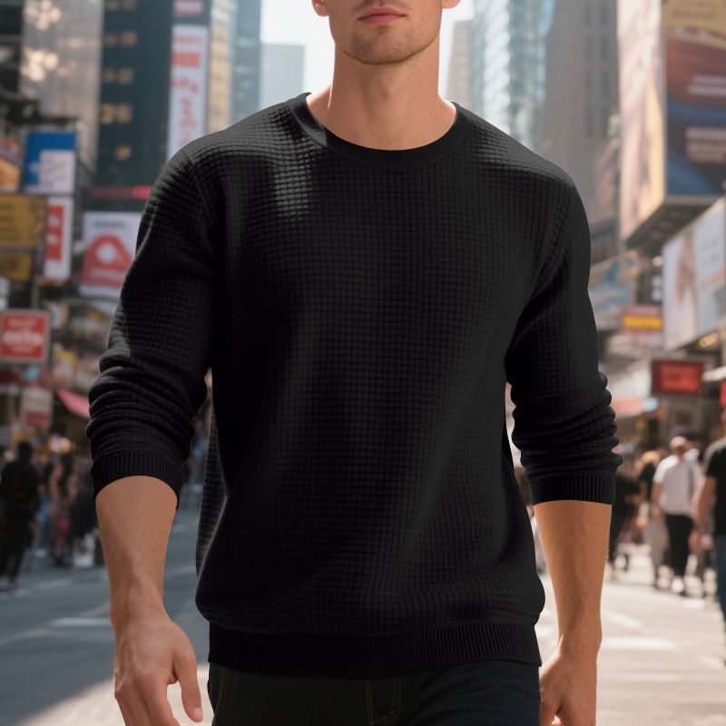 Lässiges Herren-Sweatshirt – Locker geschnittener Rundhalspullover mit Mini-Karomuster | Weiche Baumwollmischung, dicker für Frühling/Herbst_voghion.com