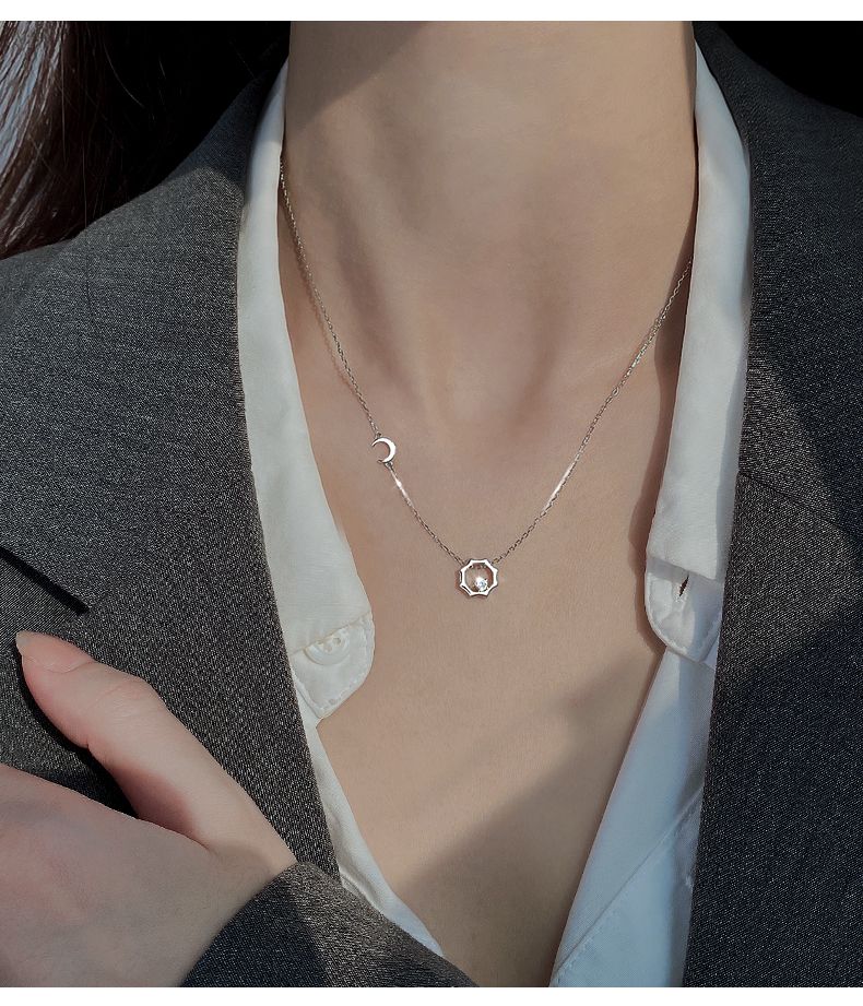 Sterling Silver Sun And Moon Necklace For Women, Light Luxury Niche High-End Design Sense, Collarbone Sweater Chain,_voghion.com