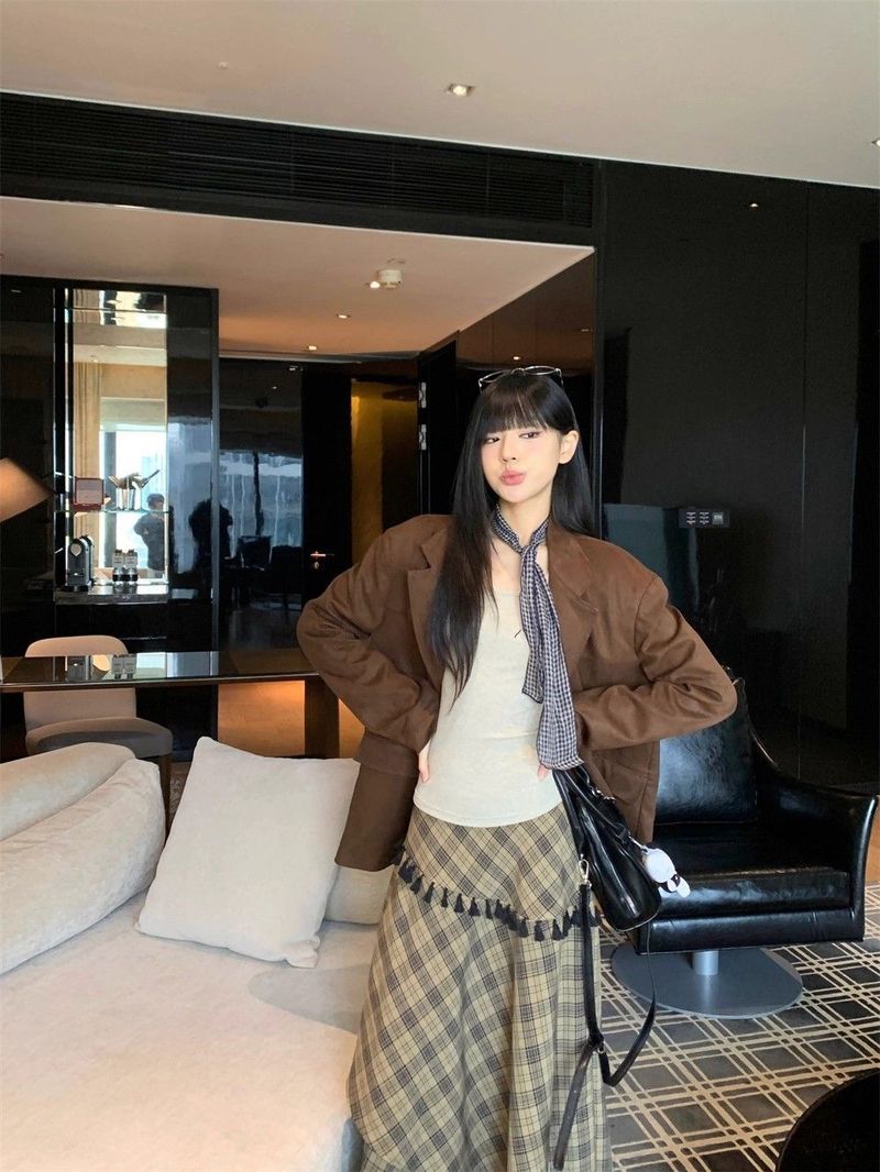 Ragazza Originale Qualità Tre Pezzi Set Per Donna Retro Autunno Inverno Nuovo Completo Giacca Scamosciata Base Camicia Gonna Scozzese_voghion.com