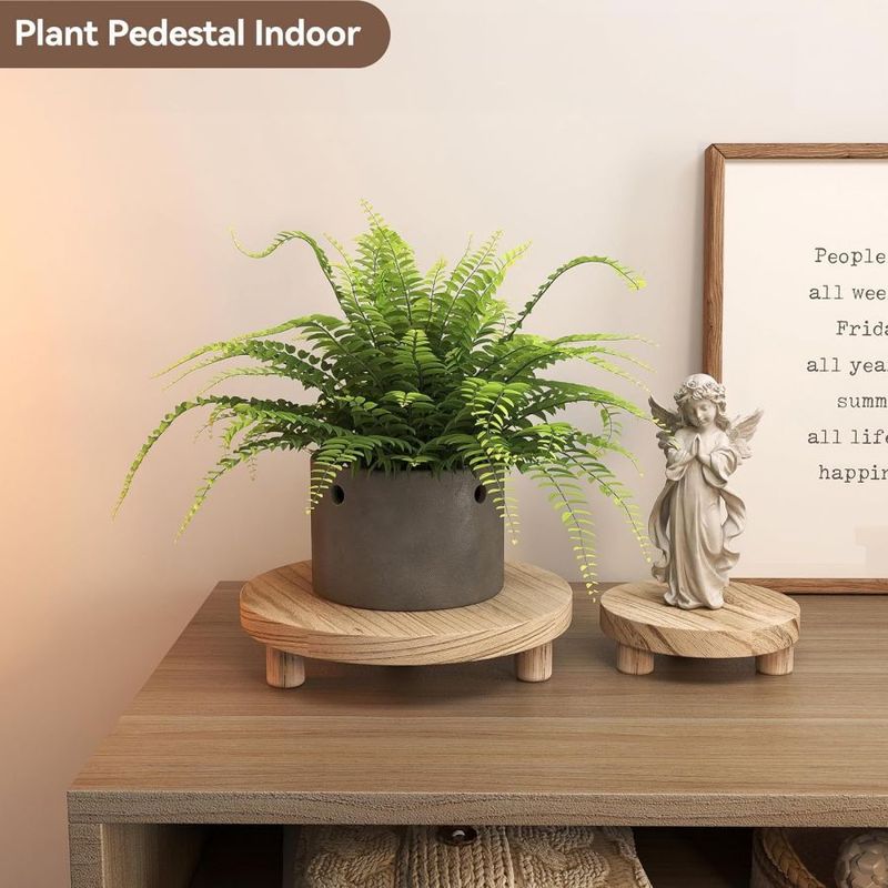Round Solid Wood Flower Pot Stand Bathroom Toiletries Tray Wooden Storage Ornament_voghion.com