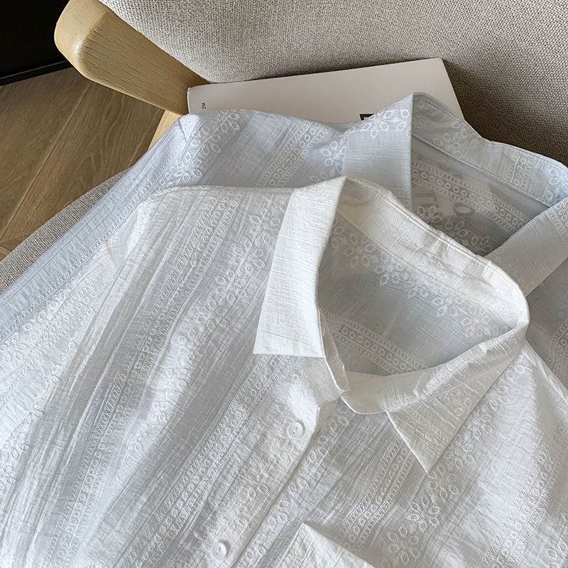 Abito estivo da donna, tre pezzi, bretelle in pizzo, pantaloncini a gamba larga, camicia blu e bianca da donna, giacca leggera anti-sole_voghion.com