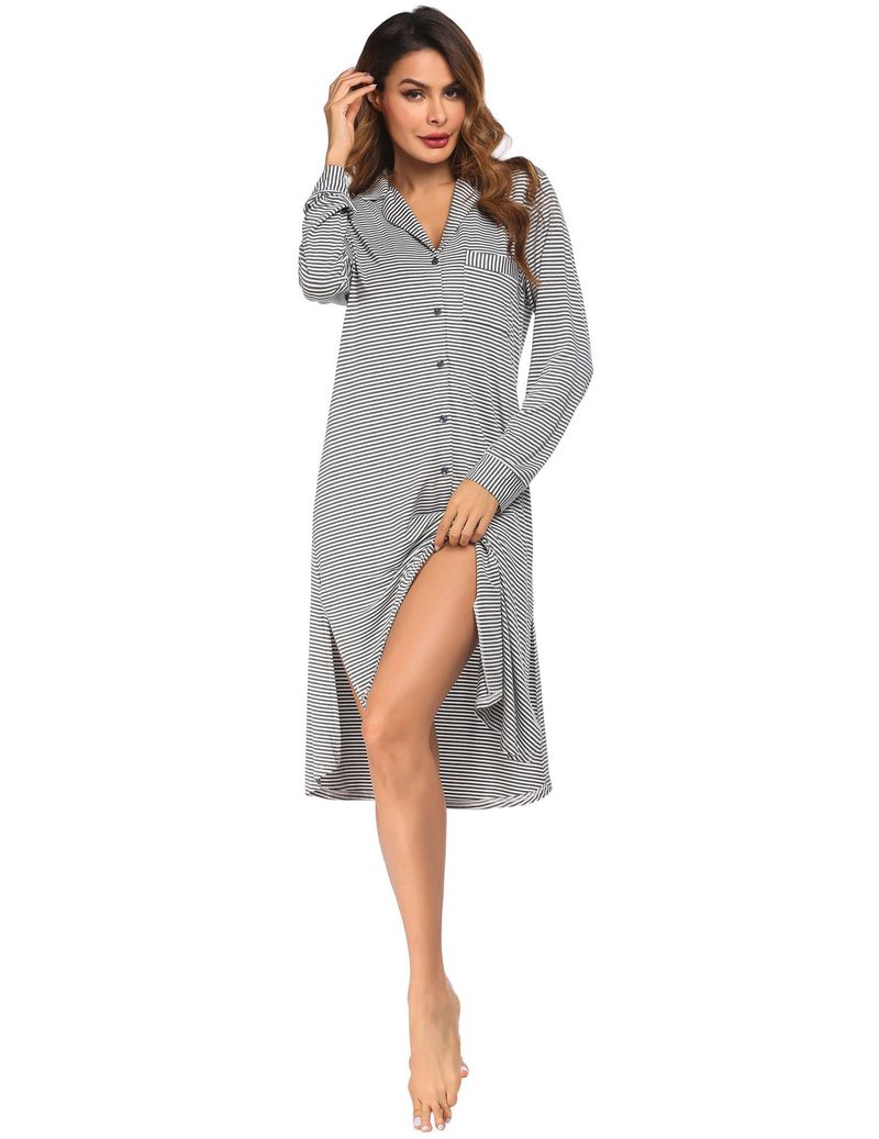 Roupas femininas, pijamas, camisa cardigan, pijamas de manga comprida listrados com botões estampados, pijamas para casa, femininos_voghion.com