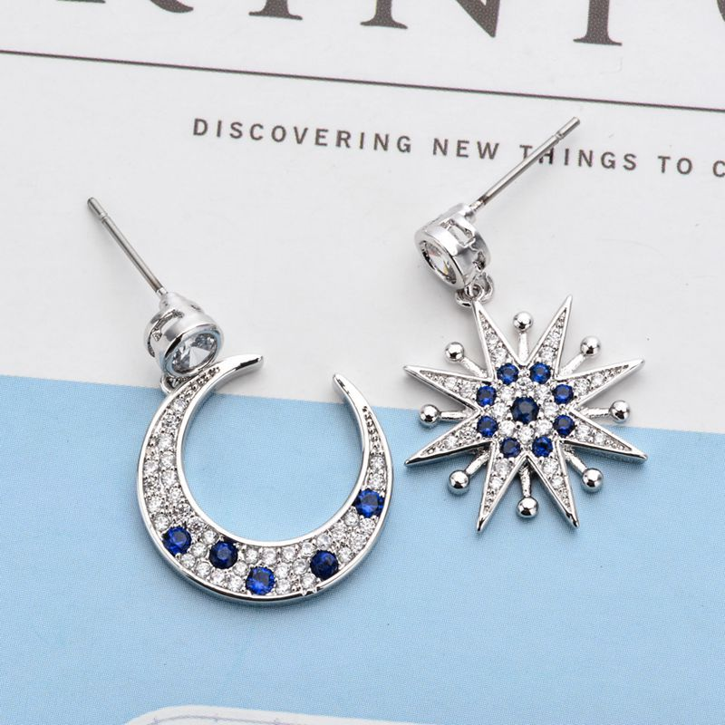 Unique design, personalized earrings with asymmetrical stars and moon, a pair of earrings inlaid with zircon temperament, versatile earrings_voghion.com