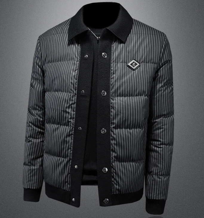 Gestrickte Hemdkragen Daunenjacke Herren 2024 Winter Neue Casual Verdickung Modemarke Gestreifter weißer Entendaunenmantel Männer_voghion.com