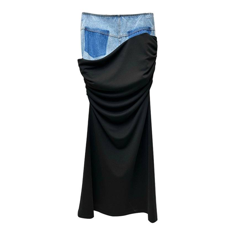 Gonna a mezza vita alta moderna per donna, nuovo design patchwork plissettato nero, gonna a mezza lunghezza in denim_voghion.com