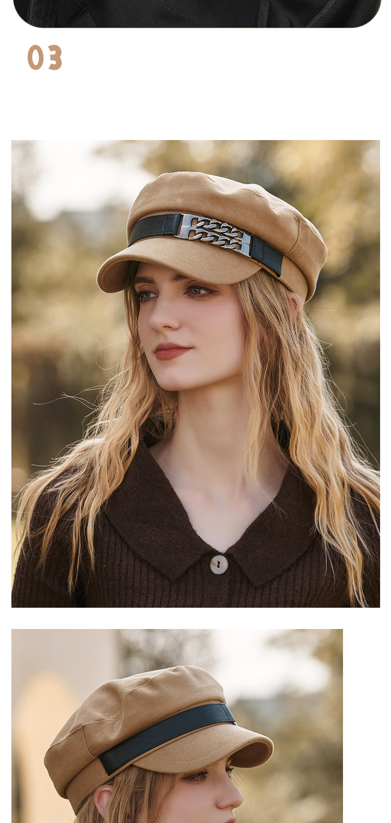Unisex Spring and Autumn Beret hat chain decorated duck tongue newsboy hat vintage painter Octagon lady_voghion.com