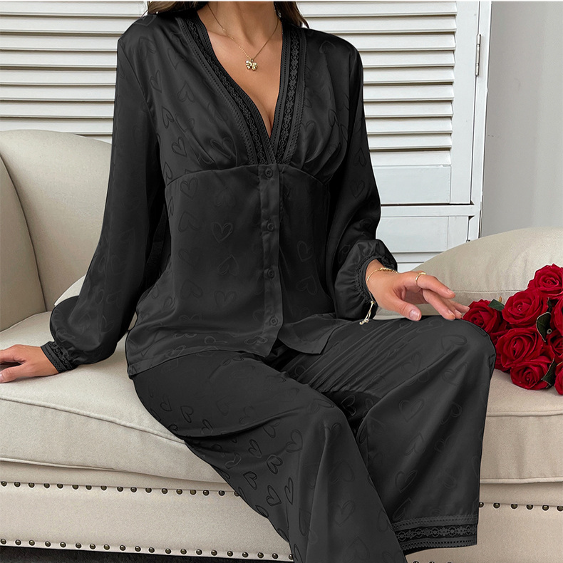 Damen Nachtwäsche Mode Langarm Pyjamas Sexy Hosenanzug Zweiteiliger bequemer Satin Love Jacquard Home Kleidung_voghion.com