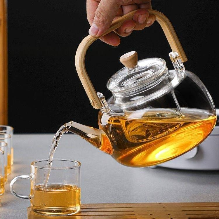 BambooZen Glass Teapot - Thickened Borosilicate With Wooden Handle (1.2L, Stovetop Safe, High-Temperature Resistant)_voghion.com