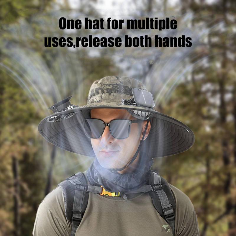 Cappello rinfrescante ad energia solare con tesa larga - Cappello solare ricaricabile per uomo, impermeabile e con ventola silenziosa per escursionismo, pesca e avventure all'aria aperta_voghion.com